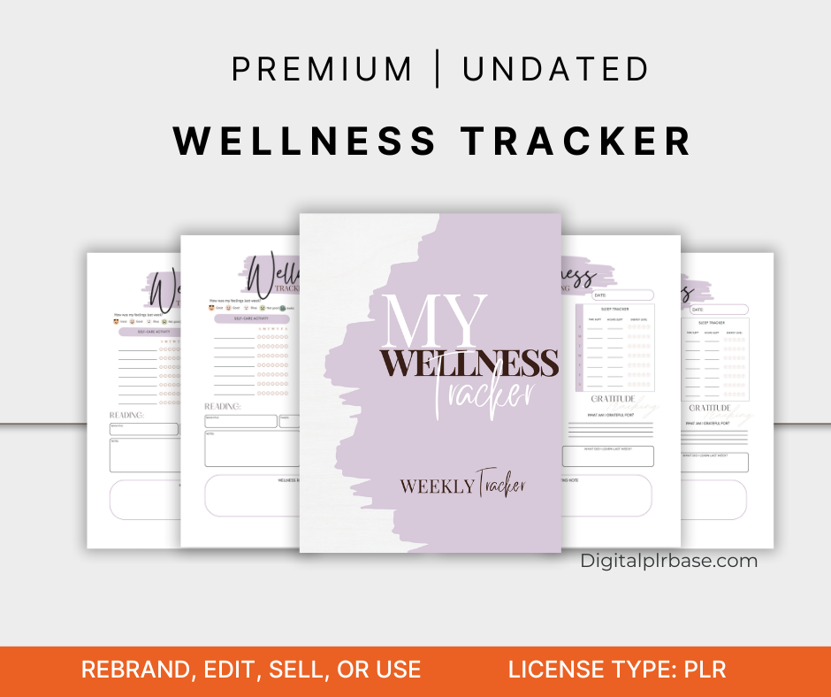 Preview of the My Wellness Tracker PLR product showing cover design and multiple internal pages with mood, reading, and gratitude tracking sections. Editable, printable, and undated weekly tracker.