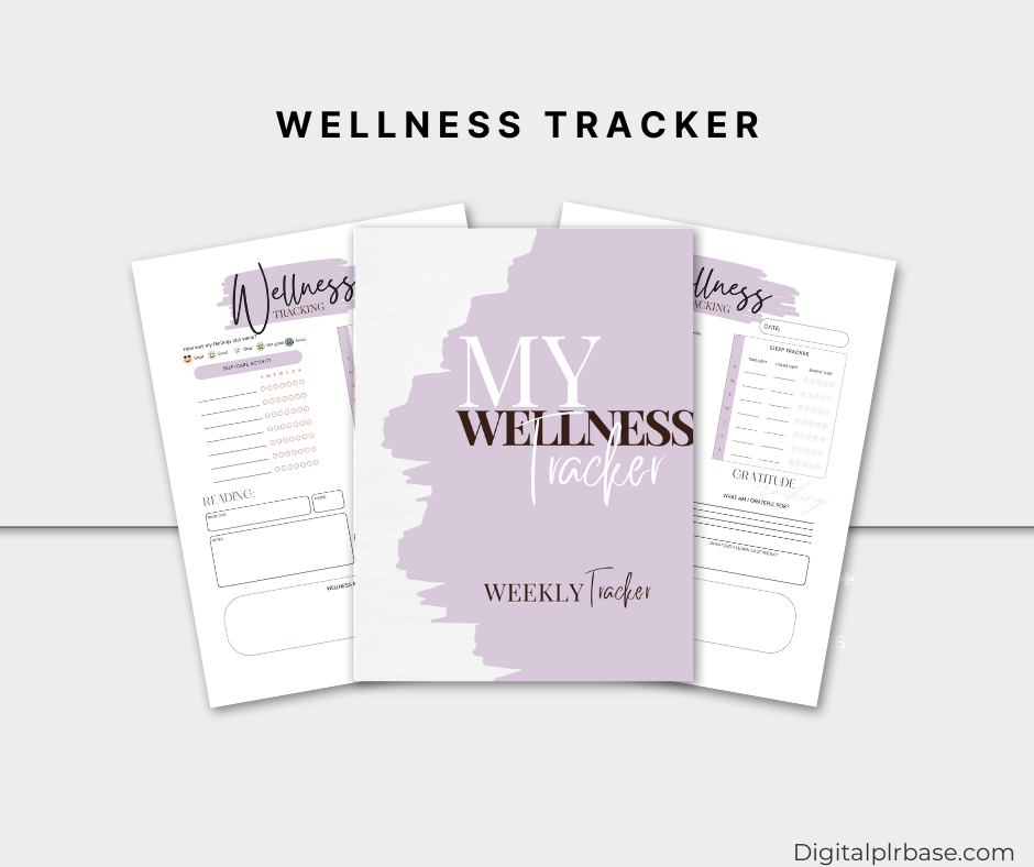 Flat lay of three open planner pages featuring daily wellness tracking tools including mood, gratitude, hydration, and sleep trackers in a soft purple theme.