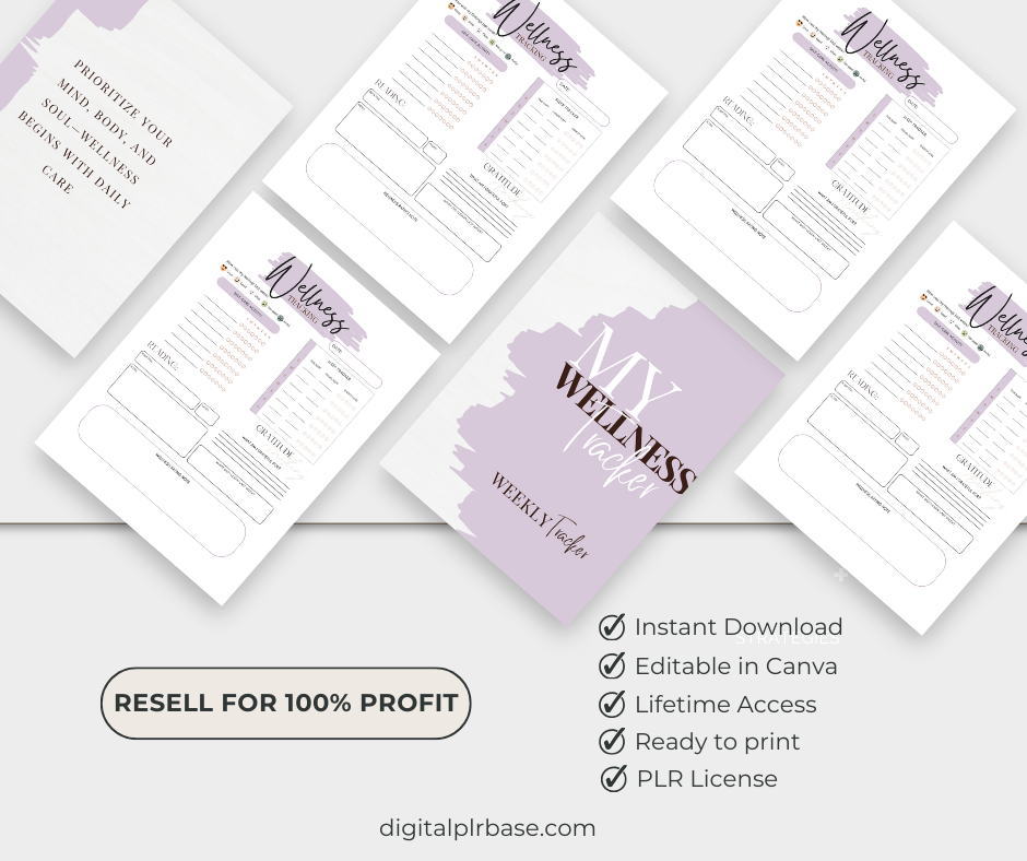Multiple page previews of the wellness tracker PLR product with checklist of features including instant download, editable in Canva, lifetime access, and resell license.