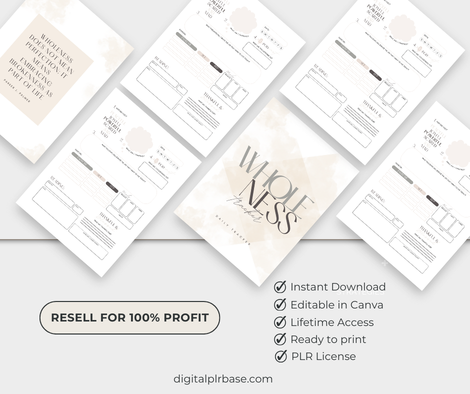 Flatlay of Wholeness Tracker pages with cover and checklist of features including PLR rights, Canva editing, and print-ready format.