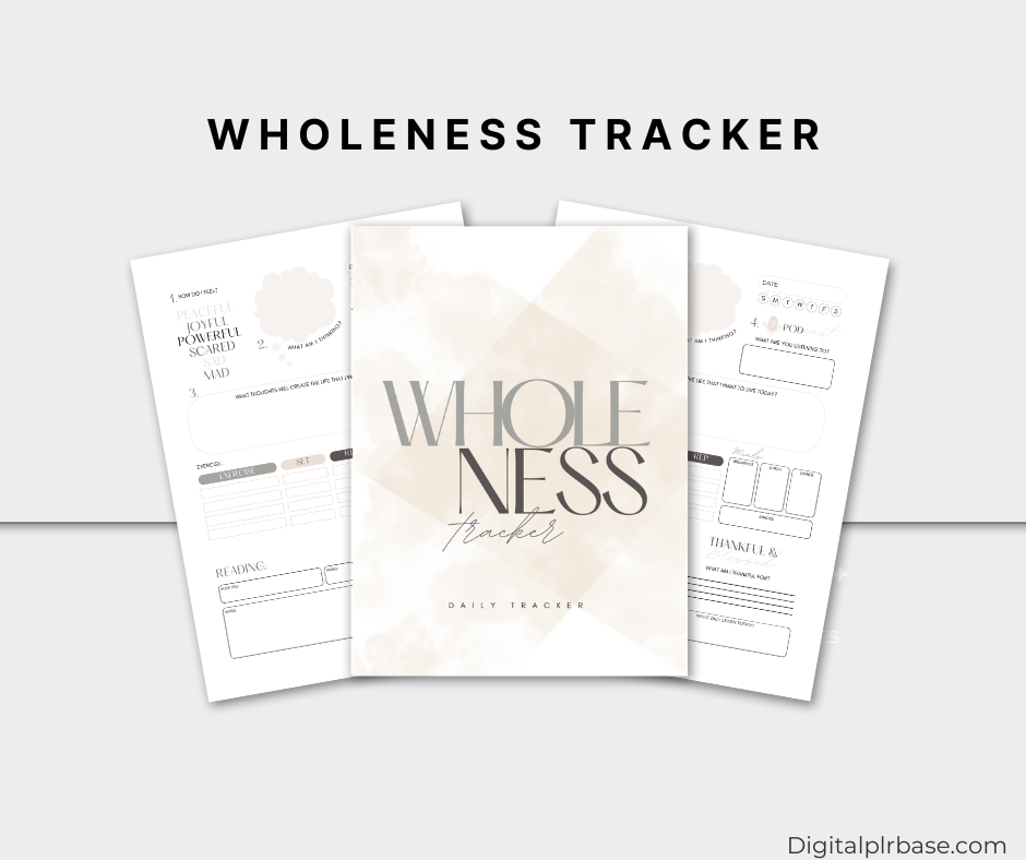 Wholeness Tracker front cover and two sample inner pages showcasing elegant design and mental wellness tracking layout.